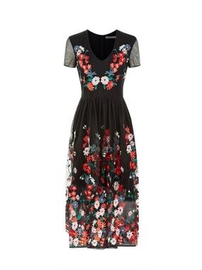 Maje Raphael Floral Embroidered Tulle Midi Dress